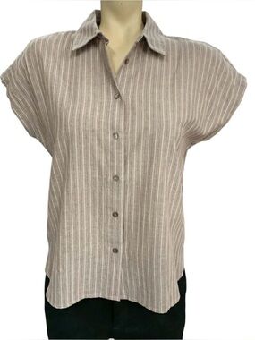 Modern Works NWT Women's Taupe Striped Short-Sleeve Button-Down Shirt Size XS